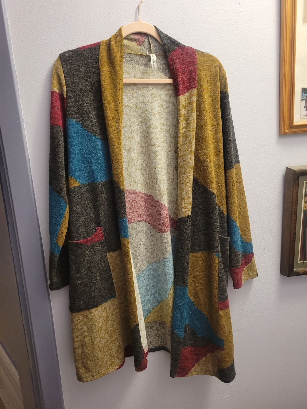 Multicolor Open-Front Geometric Knit Cardigan - Mustard/Blue/Pink/Charcoal